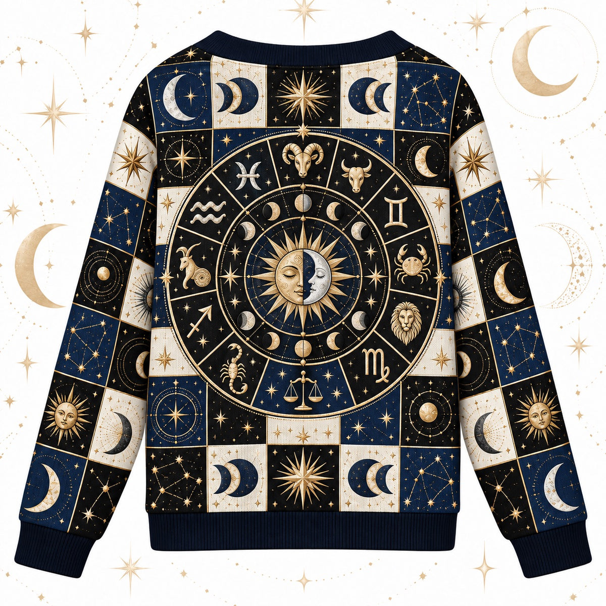 Sun and Moon Zodiac Wheel Patchwork Cardigan for Women Astrology, back view