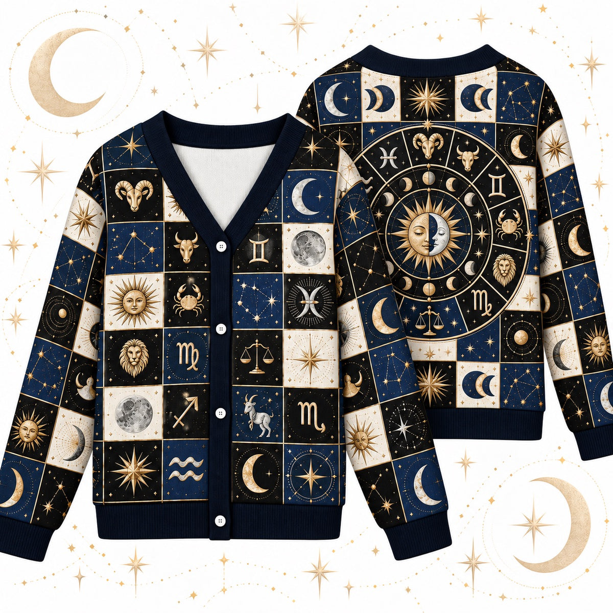 Sun and Moon Zodiac Wheel Patchwork Cardigan for Women Astrology, front and back shown together
