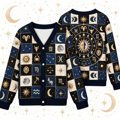 Sun and Moon Zodiac Wheel Patchwork Cardigan for Women Astrology, front and back shown together