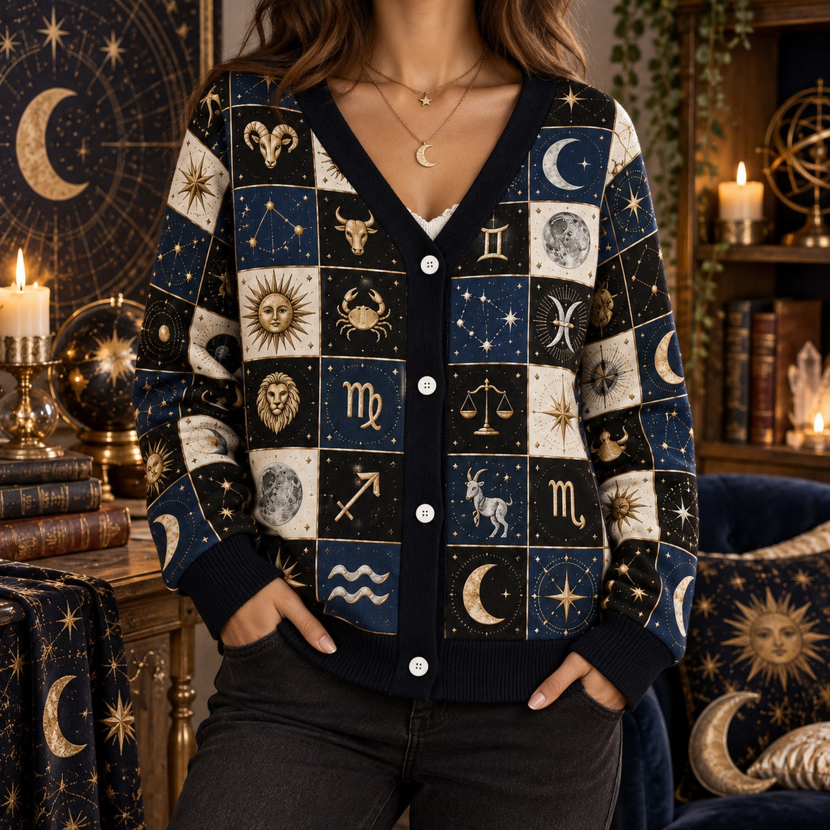 Sun and Moon Zodiac Wheel Patchwork Cardigan for Women Astrology, worn, front view