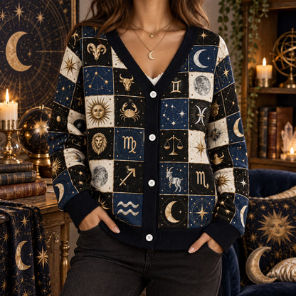 Sun and Moon Zodiac Wheel Patchwork Cardigan for Women Astrology, worn, front view
