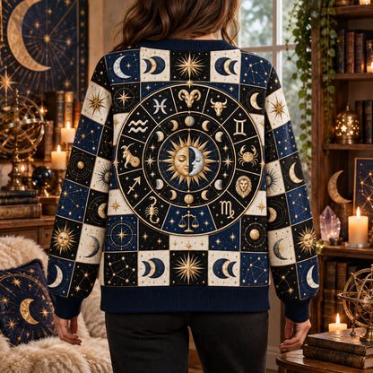Sun and Moon Zodiac Wheel Patchwork Cardigan for Women Astrology, worn, back view