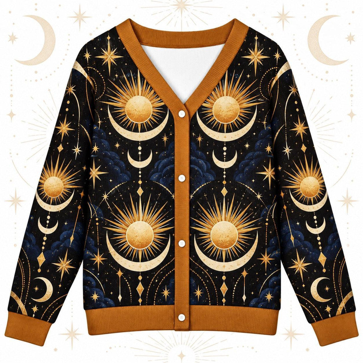 Sun Face Moon Phase Winter Solstice Cardigan for Women Celestial Gold, front view