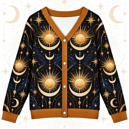 Sun Face Moon Phase Winter Solstice Cardigan for Women Celestial Gold, front view