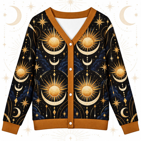 Sun Face Moon Phase Winter Solstice Cardigan for Women Celestial Gold, front view
