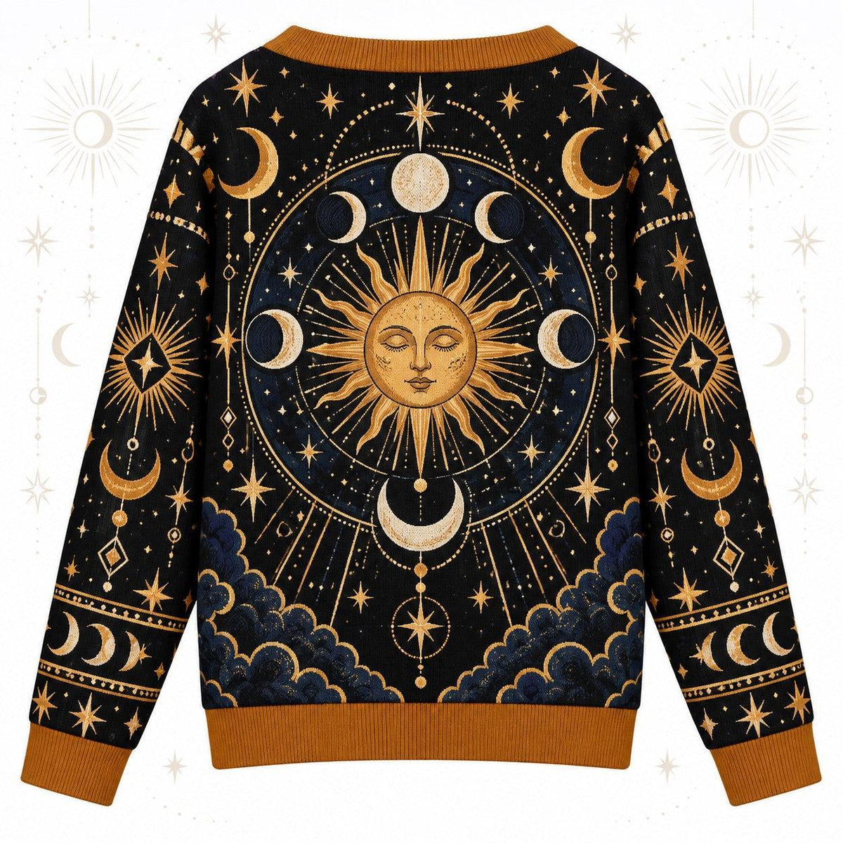 Sun Face Moon Phase Winter Solstice Cardigan for Women Celestial Gold, back view