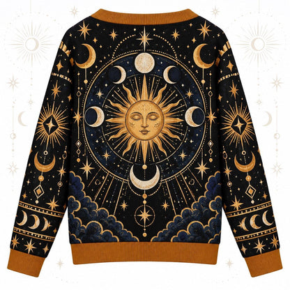 Sun Face Moon Phase Winter Solstice Cardigan for Women Celestial Gold, back view