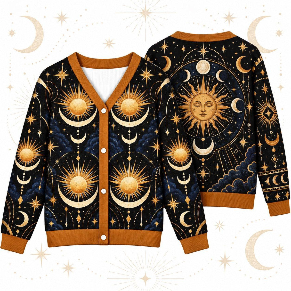 Sun Face Moon Phase Winter Solstice Cardigan for Women Celestial Gold, front and back shown together