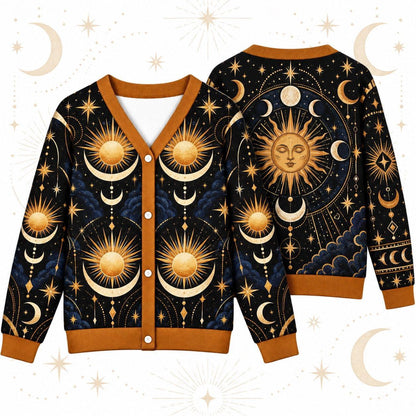 Sun Face Moon Phase Winter Solstice Cardigan for Women Celestial Gold, front and back shown together