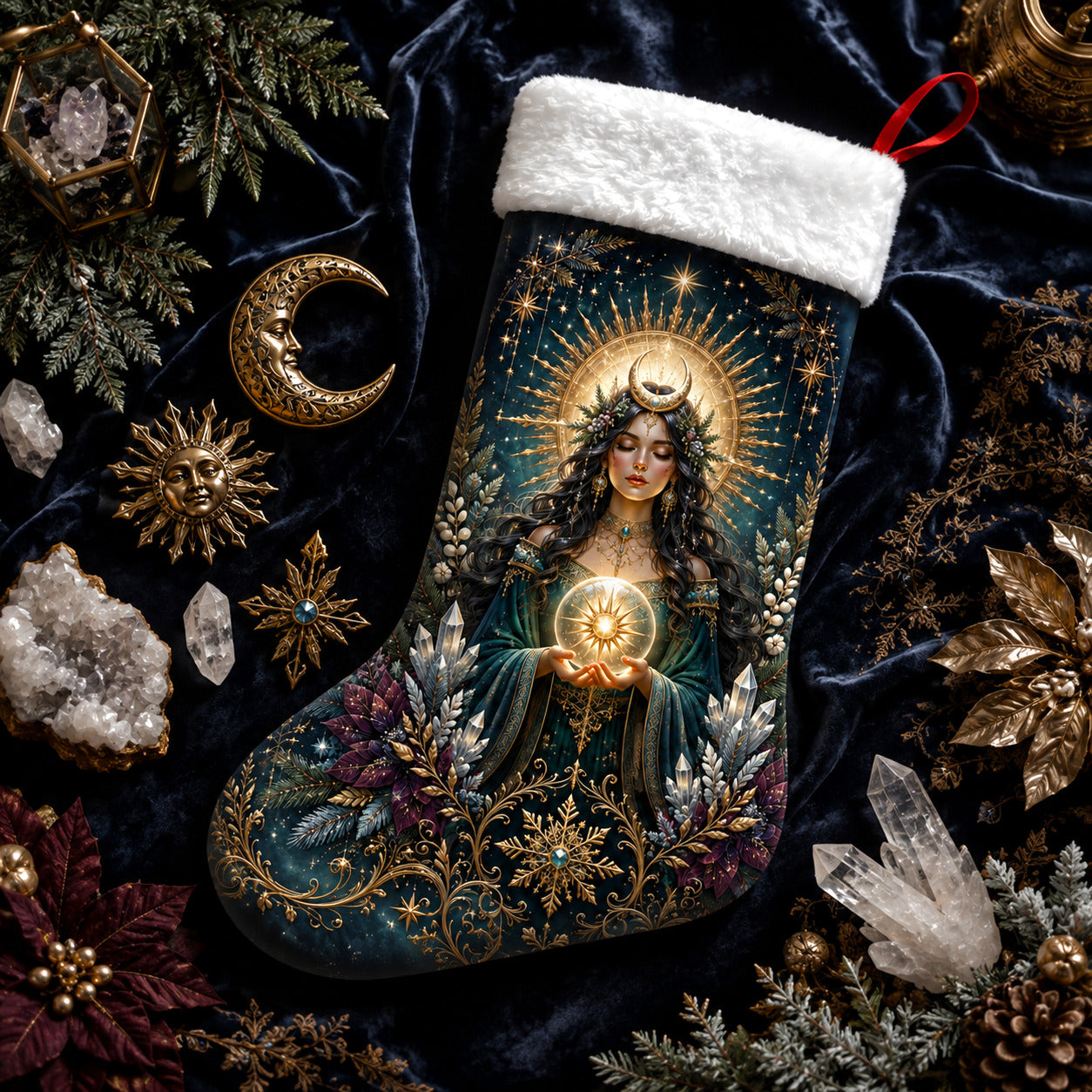 Sun Goddess Christmas Stocking Golden Halo Witchy Solstice Decor