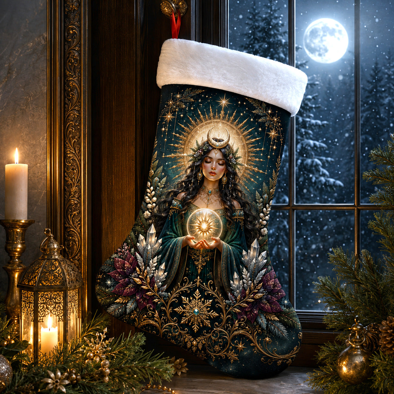 Sun Goddess Christmas Stocking Golden Halo Witchy Solstice Decor, styled shot 2