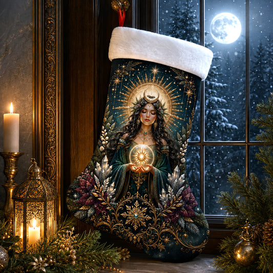 Sun Goddess Christmas Stocking Golden Halo Witchy Solstice Decor, styled shot 2