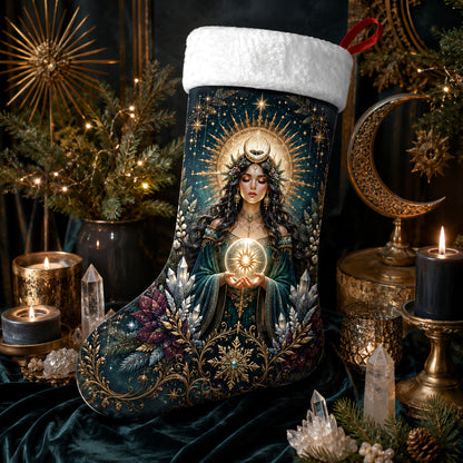Sun Goddess Christmas Stocking Golden Halo Witchy Solstice Decor, styled shot 3