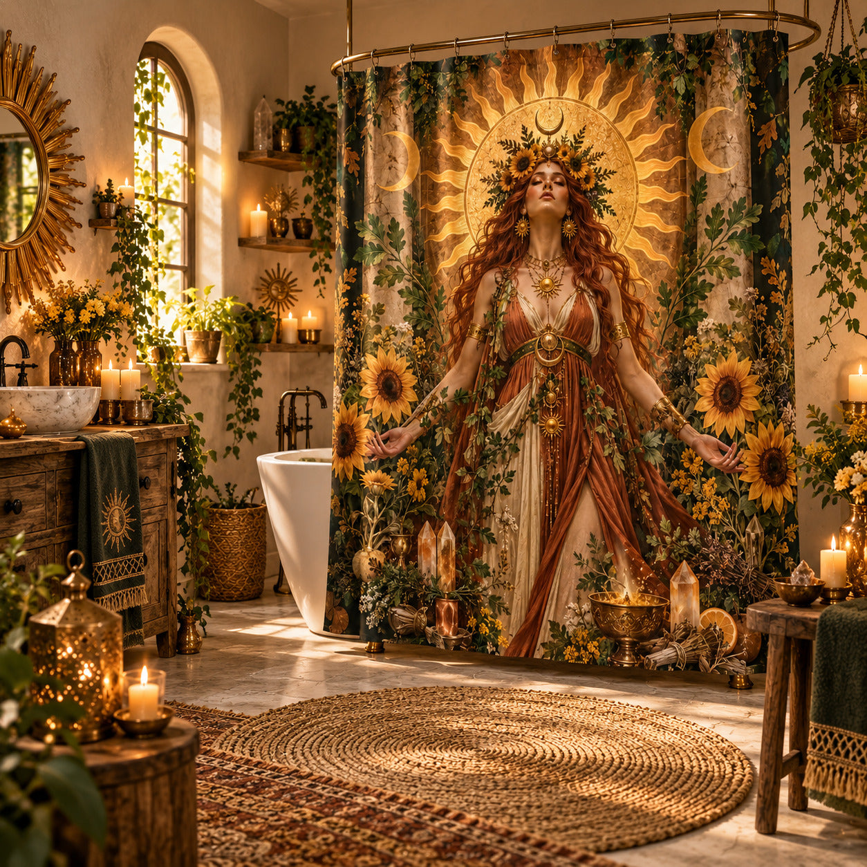 Sun Shower Curtain - Litha Sunflower Goddess Pagan Decor, styled shot 2