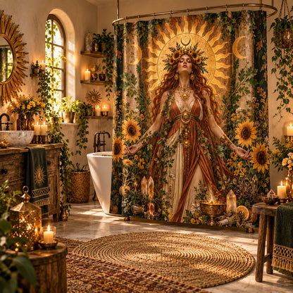 Sun Shower Curtain - Litha Sunflower Goddess Pagan Decor, styled shot 2