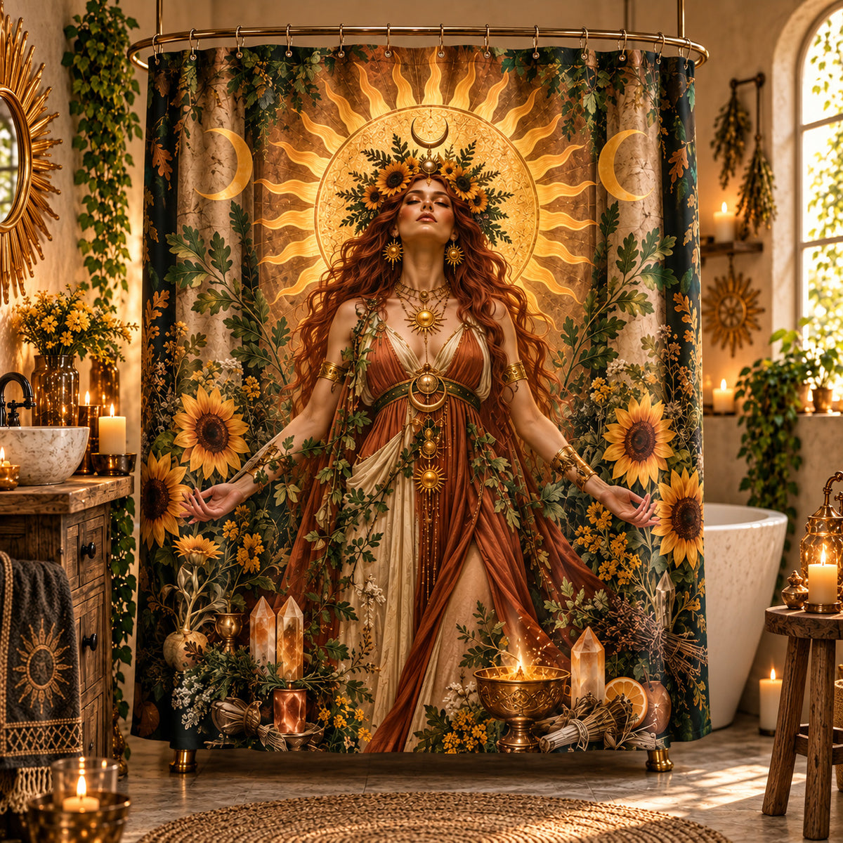 Sun Shower Curtain - Litha Sunflower Goddess Pagan Decor, styled shot 3