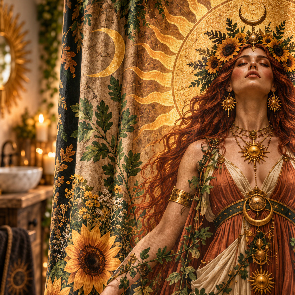 Sun Shower Curtain - Litha Sunflower Goddess Pagan Decor, styled shot 4