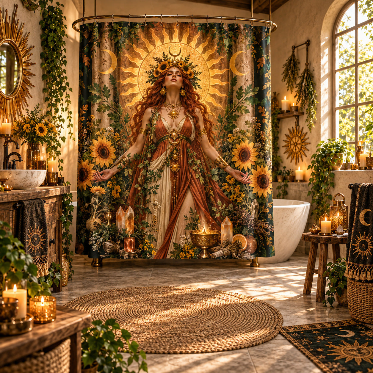 Sun Shower Curtain - Litha Sunflower Goddess Pagan Decor, styled shot 5