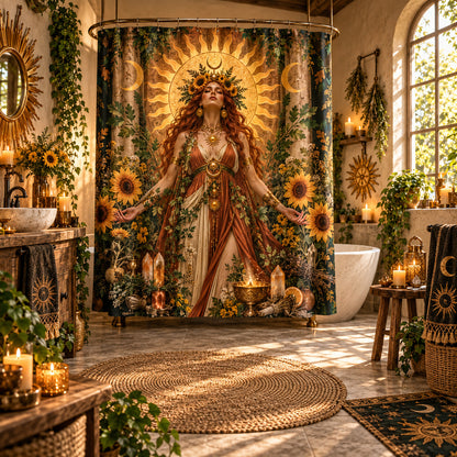 Sun Shower Curtain - Litha Sunflower Goddess Pagan Decor, styled shot 5