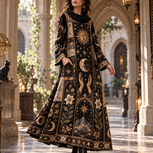 Tarot Celestial Witchy Cowl Neck Dress – Sun and Moon Gothic Maxi – worn, three quarter view