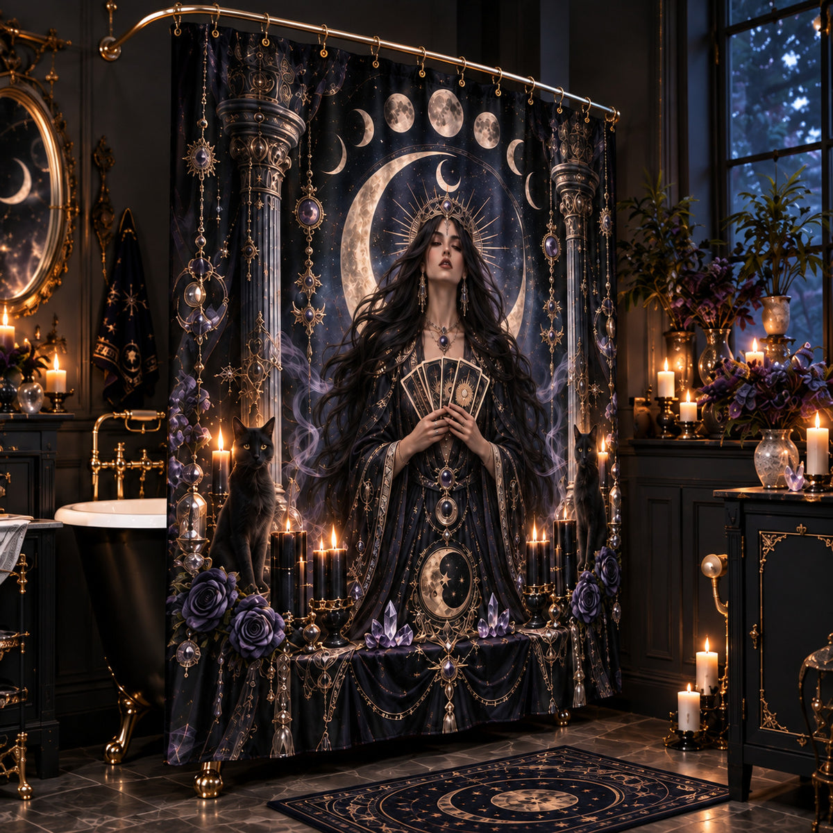 Tarot Shower Curtain - Moon Priestess Witchy Black Cat Decor, styled shot 2