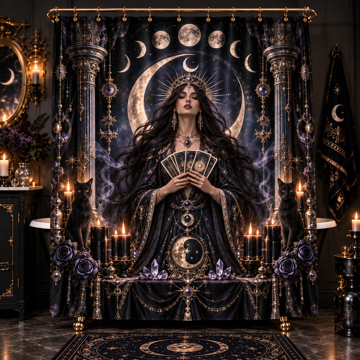 Tarot Shower Curtain - Moon Priestess Witchy Black Cat Decor, styled shot 3