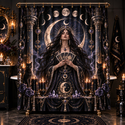 Tarot Shower Curtain - Moon Priestess Witchy Black Cat Decor, styled shot 3