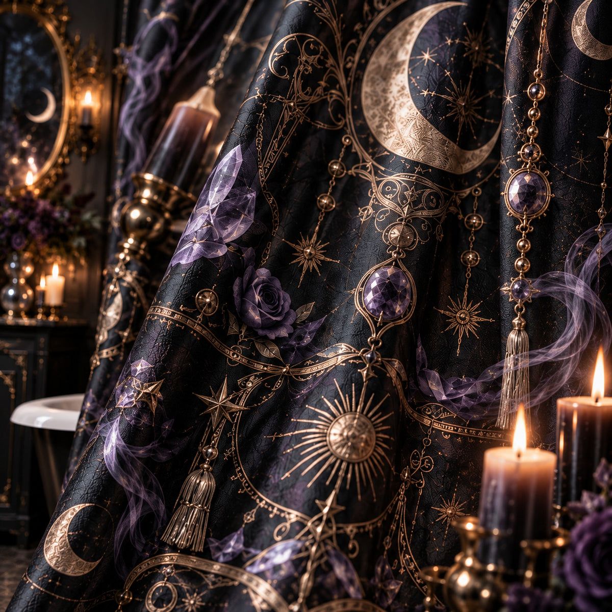 Tarot Shower Curtain - Moon Priestess Witchy Black Cat Decor, styled shot 4