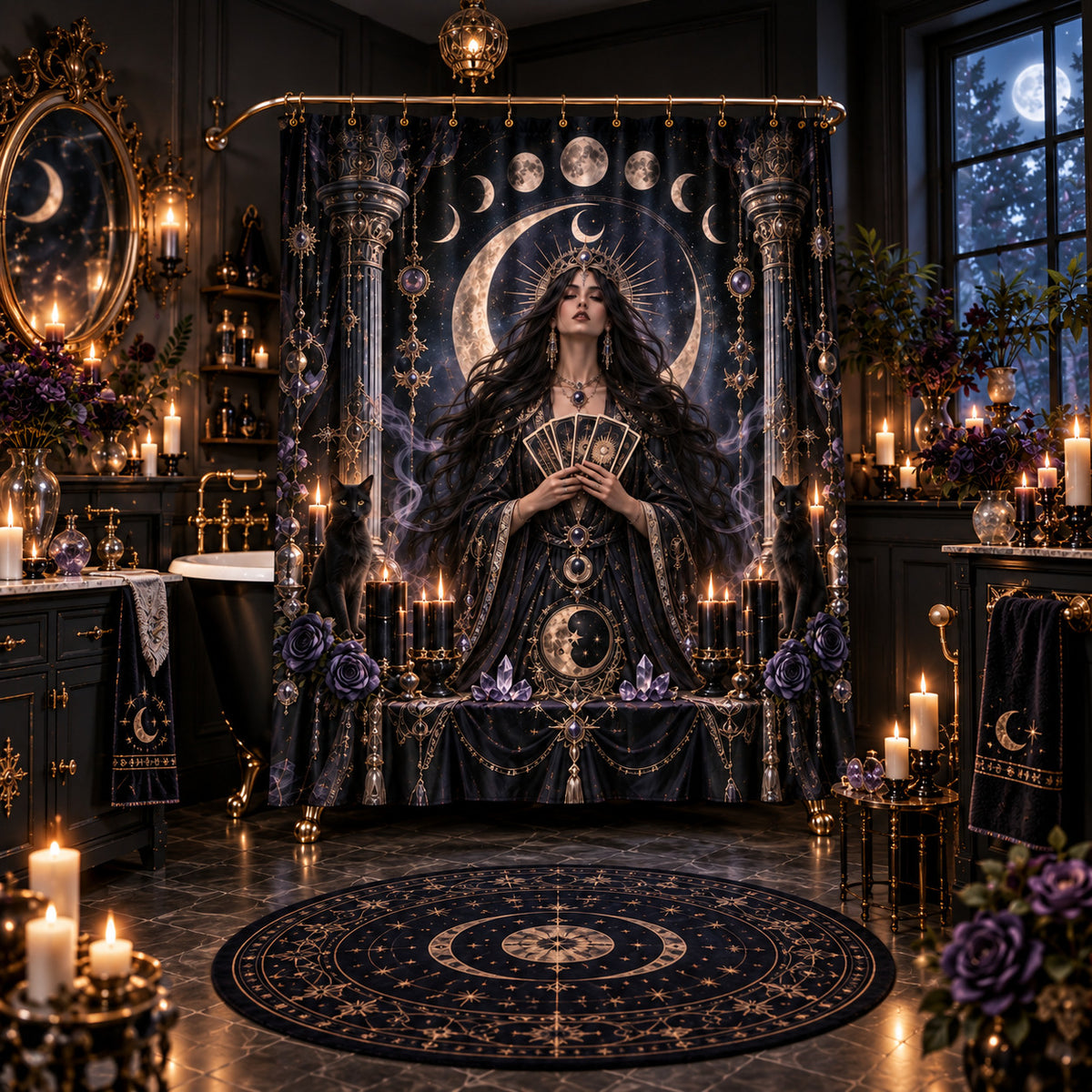 Tarot Shower Curtain - Moon Priestess Witchy Black Cat Decor, styled shot 5
