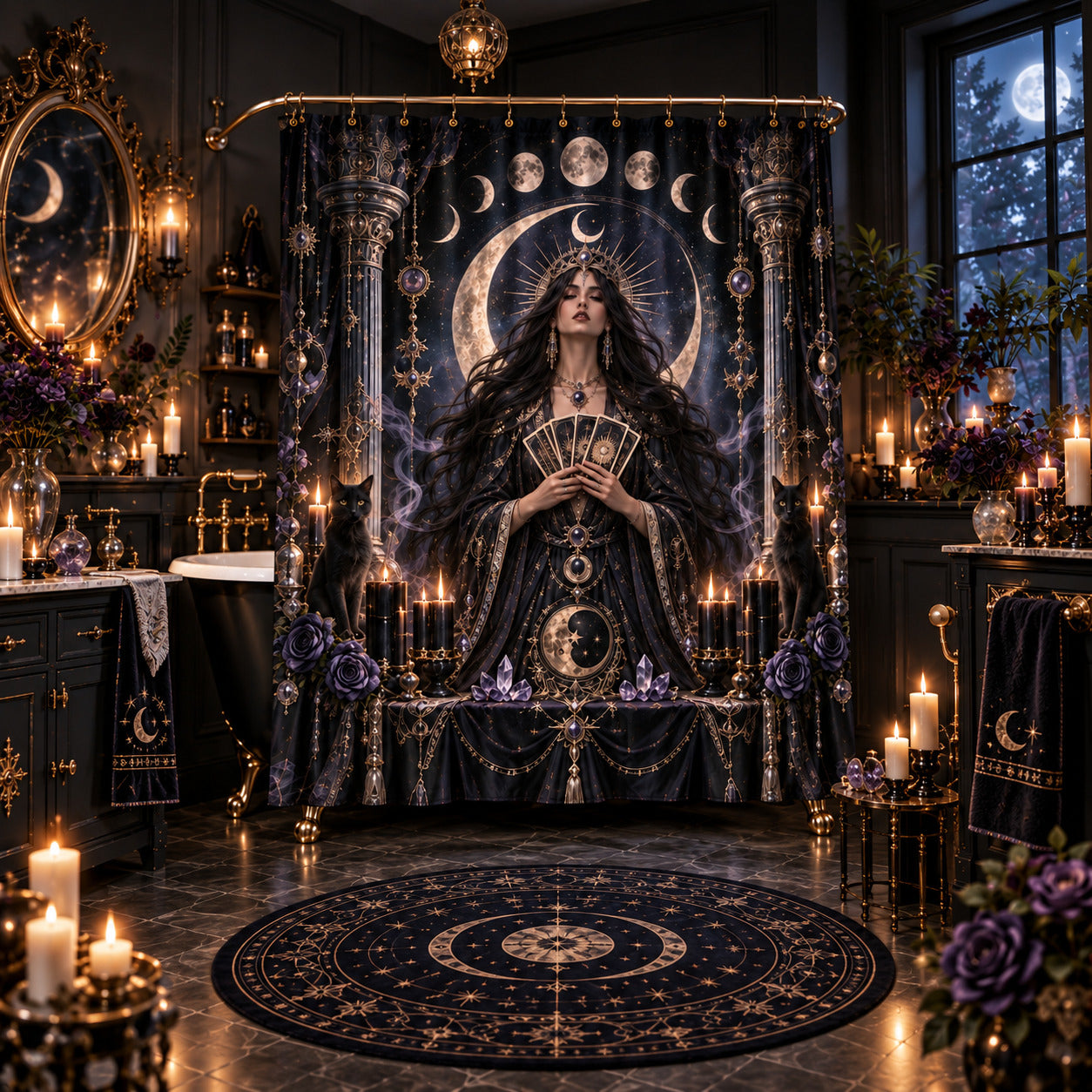 Tarot Shower Curtain - Moon Priestess Witchy Black Cat Decor, styled shot 5