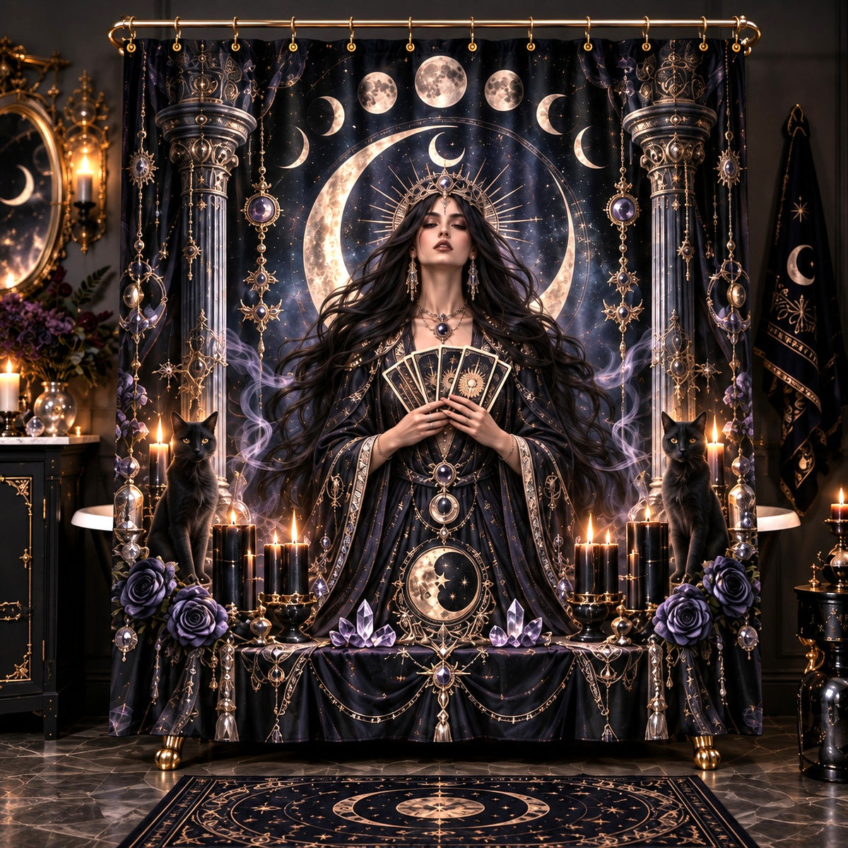 Tarot Shower Curtain - Moon Priestess Witchy Black Cat Decor