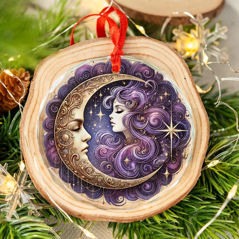 Star Moon Goddess Celestial Glass Ornament Pagan Christmas Ornament-MoonChildWorld