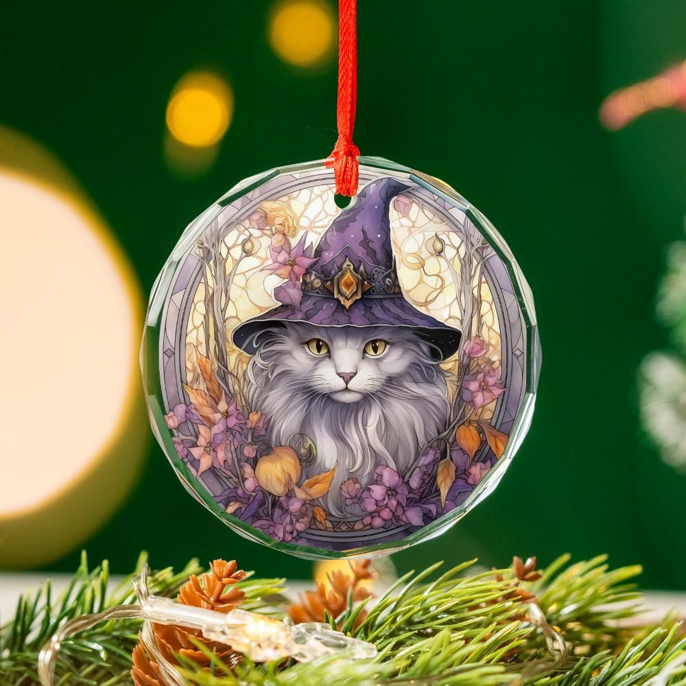 Witchy Cat Glass Ornament Wicca Christmas Ornament-MoonChildWorld