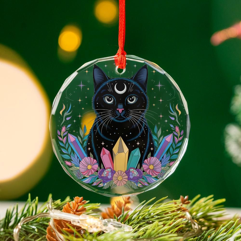 Occult Black Cat Glass Ornament Witchy Christmas Tree Ornament-MoonChildWorld