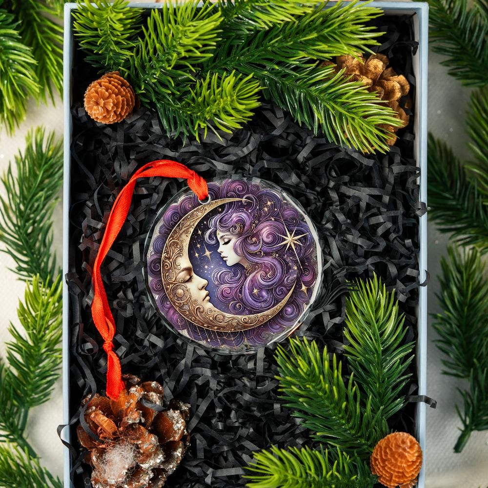 Star Moon Goddess Celestial Glass Ornament Pagan Christmas Ornament-MoonChildWorld