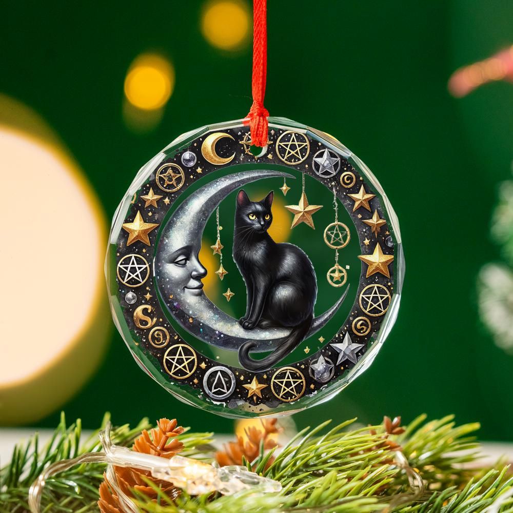 Moon Cat Glass Ornament Black Cat Witchy Christmas Ornament-MoonChildWorld