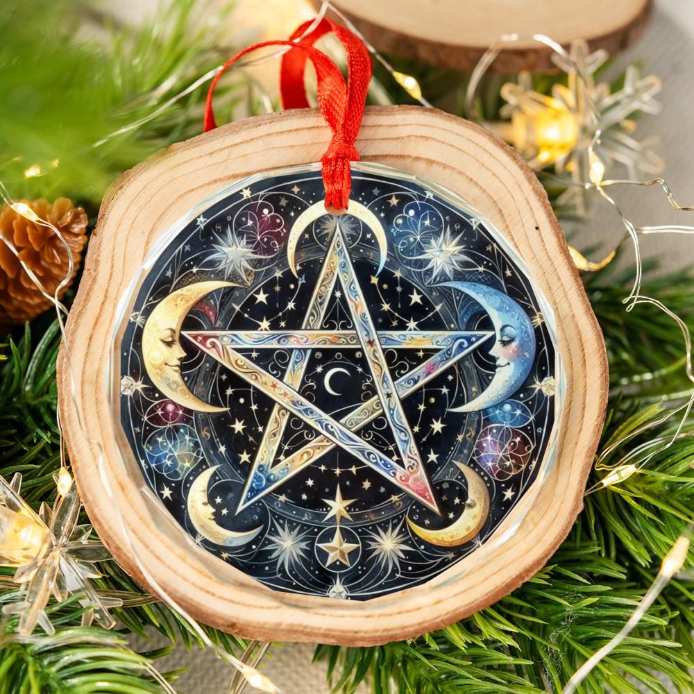 Moon Pentagram Glass Ornament Pagan Wicca Christmas Tree Ornament-MoonChildWorld