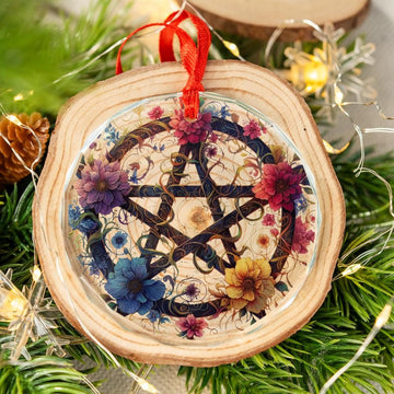 Floral Pentacle Glass Ornament Pagan Christmas Ornament-MoonChildWorld