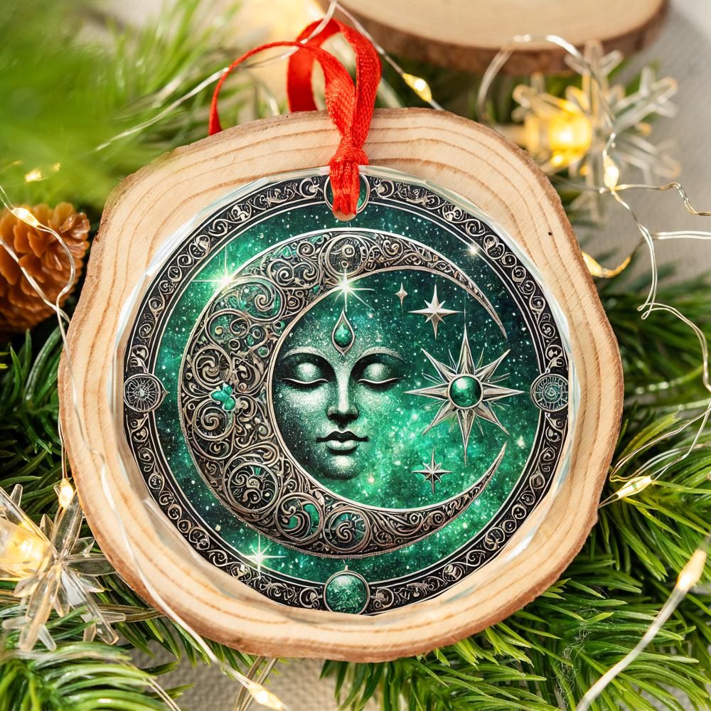 Star Moon Goddess Celestial Glass Ornament Pagan Christmas Ornament-MoonChildWorld