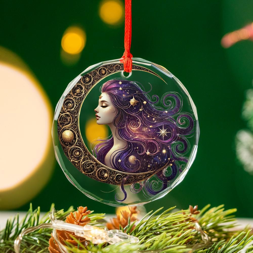 Star Moon Goddess Celestial Glass Ornament Pagan Christmas Ornament-MoonChildWorld