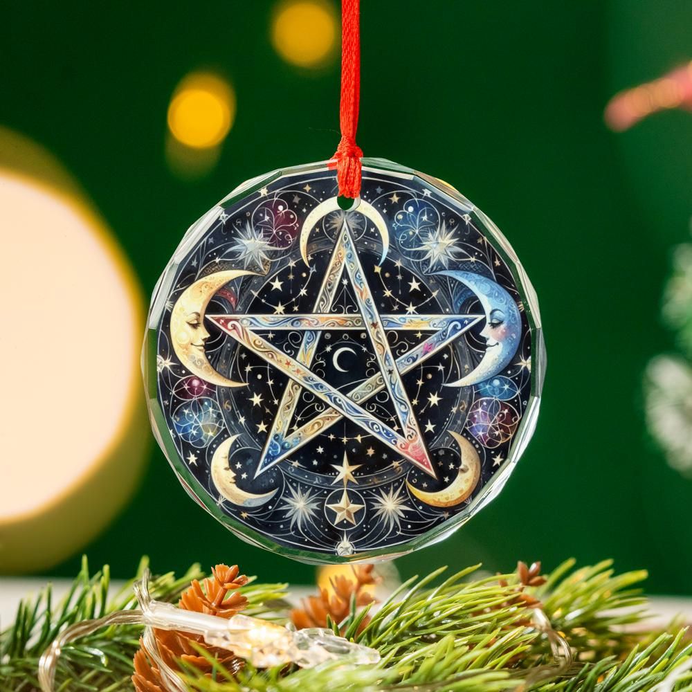 Moon Pentagram Glass Ornament Pagan Wicca Christmas Tree Ornament-MoonChildWorld