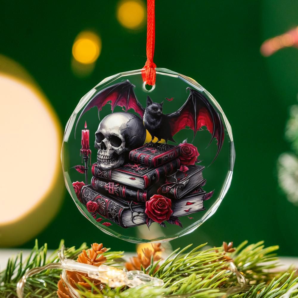 Skull Bat on Spell Books Glass Ornament Gothic Christmas Tree Ornament-MoonChildWorld