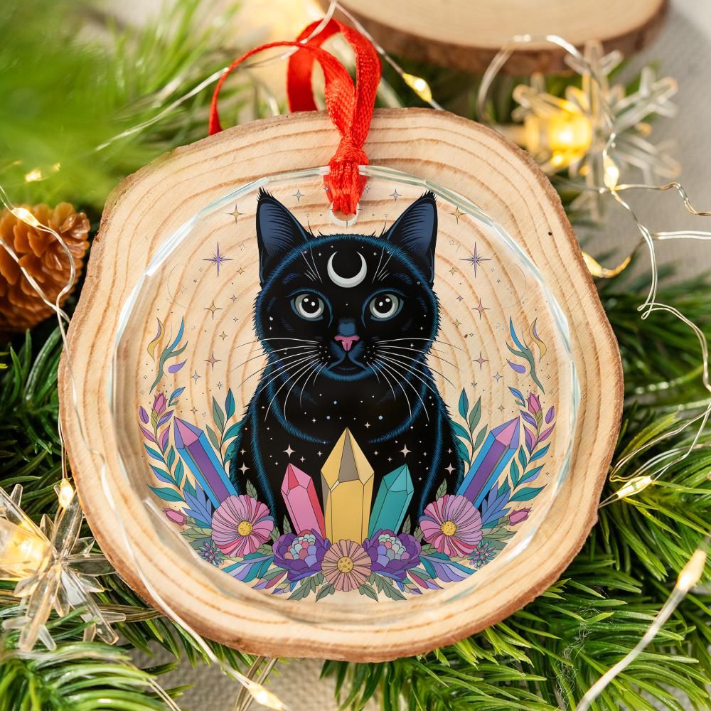 Occult Black Cat Glass Ornament Witchy Christmas Tree Ornament-MoonChildWorld