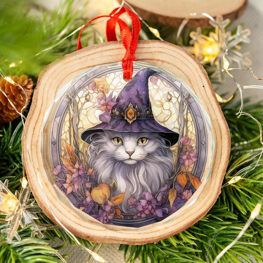 Witchy Cat Glass Ornament Wicca Christmas Ornament-MoonChildWorld