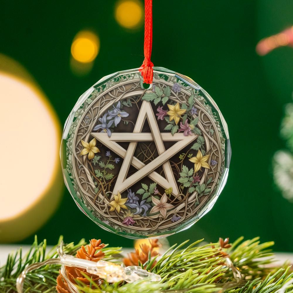 Floral Pentacle Glass Ornament Pagan Wicca Christmas Tree Ornament-MoonChildWorld