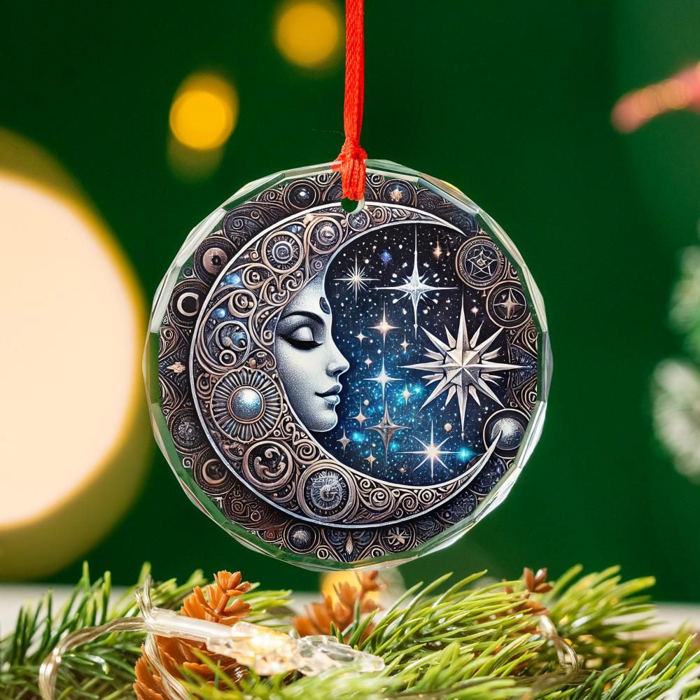 Star Moon Goddess Celestial Glass Ornament Pagan Yule Ornament-MoonChildWorld