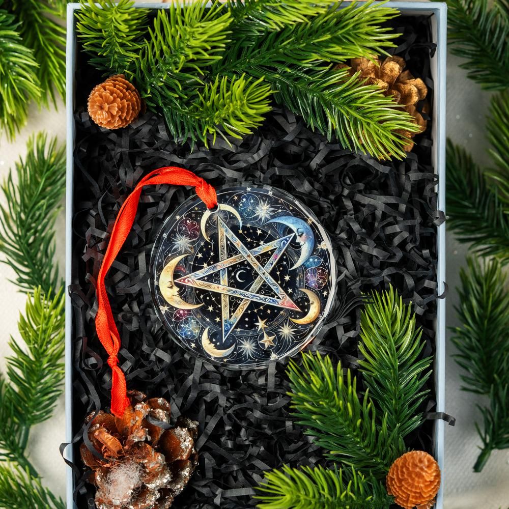 Moon Pentagram Glass Ornament Pagan Wicca Christmas Tree Ornament-MoonChildWorld