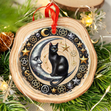 Moon Cat Glass Ornament Black Cat Witchy Christmas Ornament-MoonChildWorld