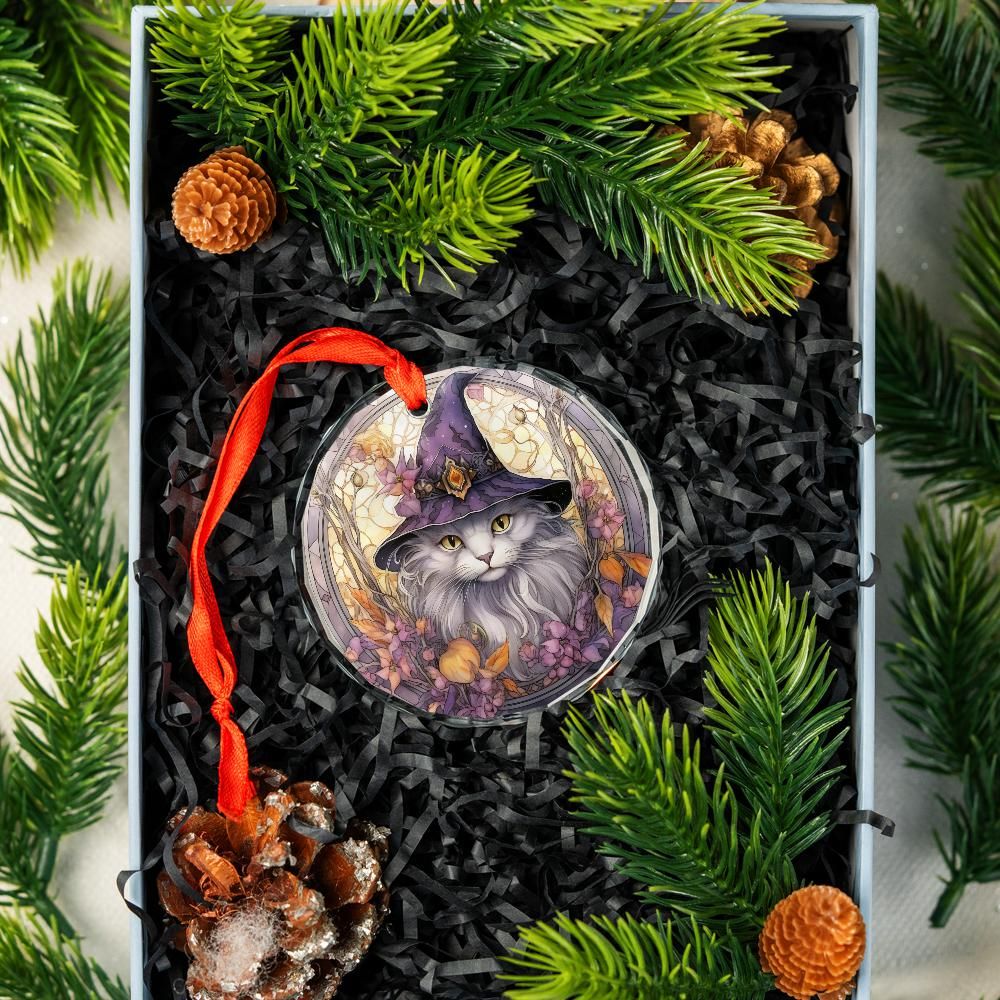 Witchy Cat Glass Ornament Wicca Christmas Ornament-MoonChildWorld