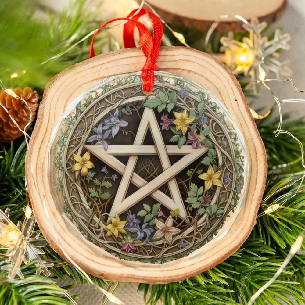 Floral Pentacle Glass Ornament Pagan Wicca Christmas Tree Ornament-MoonChildWorld